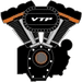 A black and orange motorcycle engine with the words vtp on it.