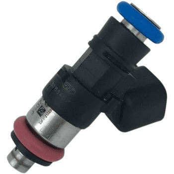 A fuel injector with blue ring and red cap.