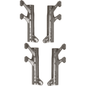 A set of four metal brackets for a door.