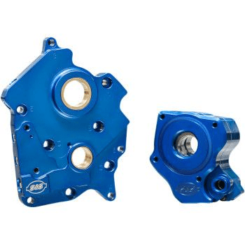A blue motorcycle engine cover and motor case.