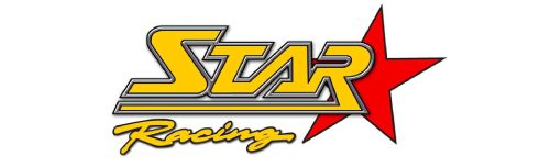A yellow and red logo for star racing.