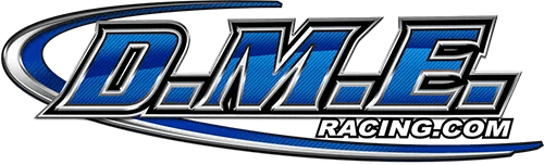 A blue and white logo for the m & e racing team.